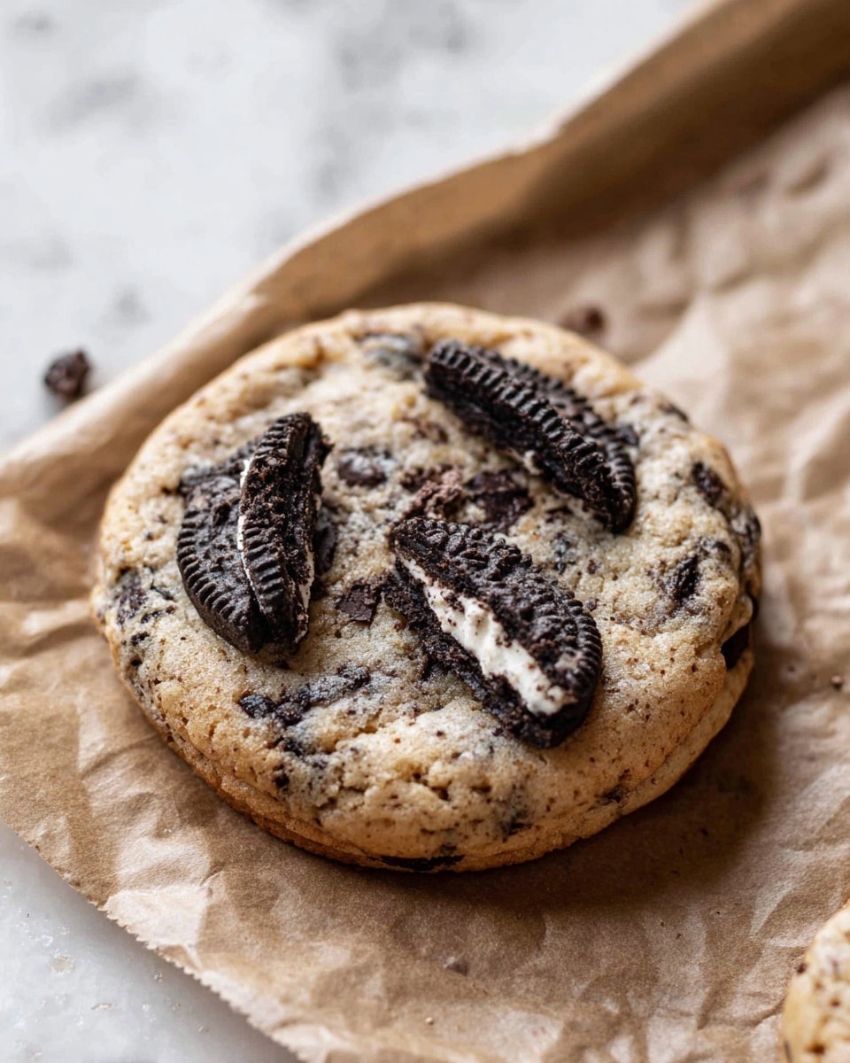 The image shows a close-up of a round cookie placed on crumpled brown paper, which is on a baking tray. The cookie has a light golden-brown base with darker specks, suggesting chocolate chips mixed in. On top, there are three broken pieces of a dark chocolate sandwich cookie with white cream visible inside. The cookie looks soft and thick with a slightly bumpy texture. The background surface is a white marbled texture. Photo taken with an iphone --ar 4:5 --v 7