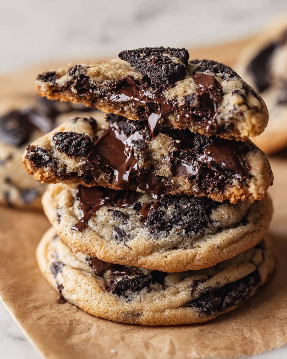 This image shows a stack of five thick cookies placed on brown parchment paper. Each cookie has a light golden-brown dough with dark chocolate chips and large dark cookie pieces mixed throughout. The edges look soft but slightly firm and the chocolate chips inside are melting, making the cookies appear warm and fresh. The top cookie is broken open, revealing a gooey inside with semi-melted chocolate and cookie chunks. The background is a white marbled texture. photo taken with an iphone --ar 4:5 --v 7