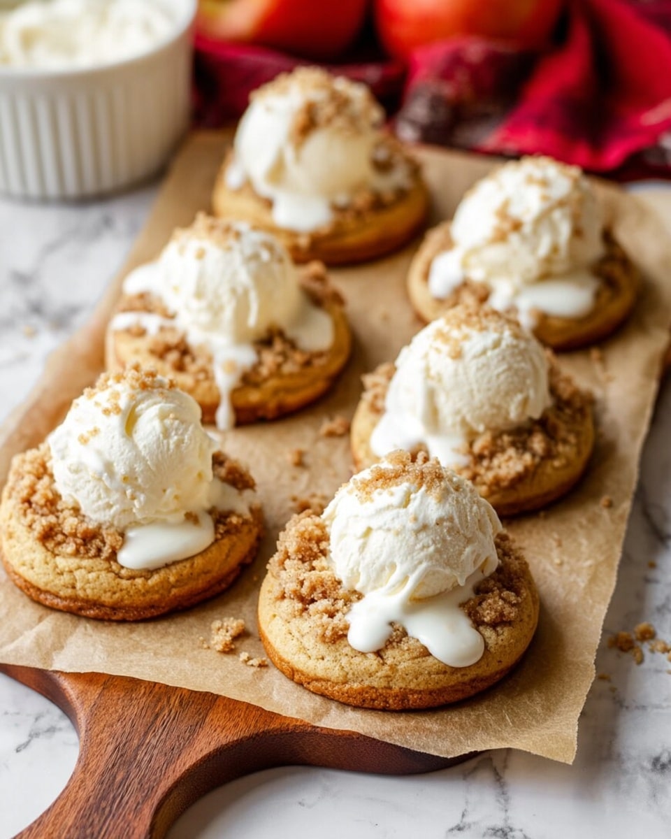 The image shows six round cookies, each with a thick, soft-looking, light golden brown base layer. On top of each cookie is a crumbly light brown streusel layer, adding texture. Each cookie is also topped with a small scoop of white cream, which slightly melts and drips down the sides. The cookies are arranged neatly on a piece of brown parchment paper placed on a wooden paddle board. In the background, there is a blurred white bowl and a red cloth, all set on a white marbled surface. Photo taken with an iphone --ar 4:5 --v 7