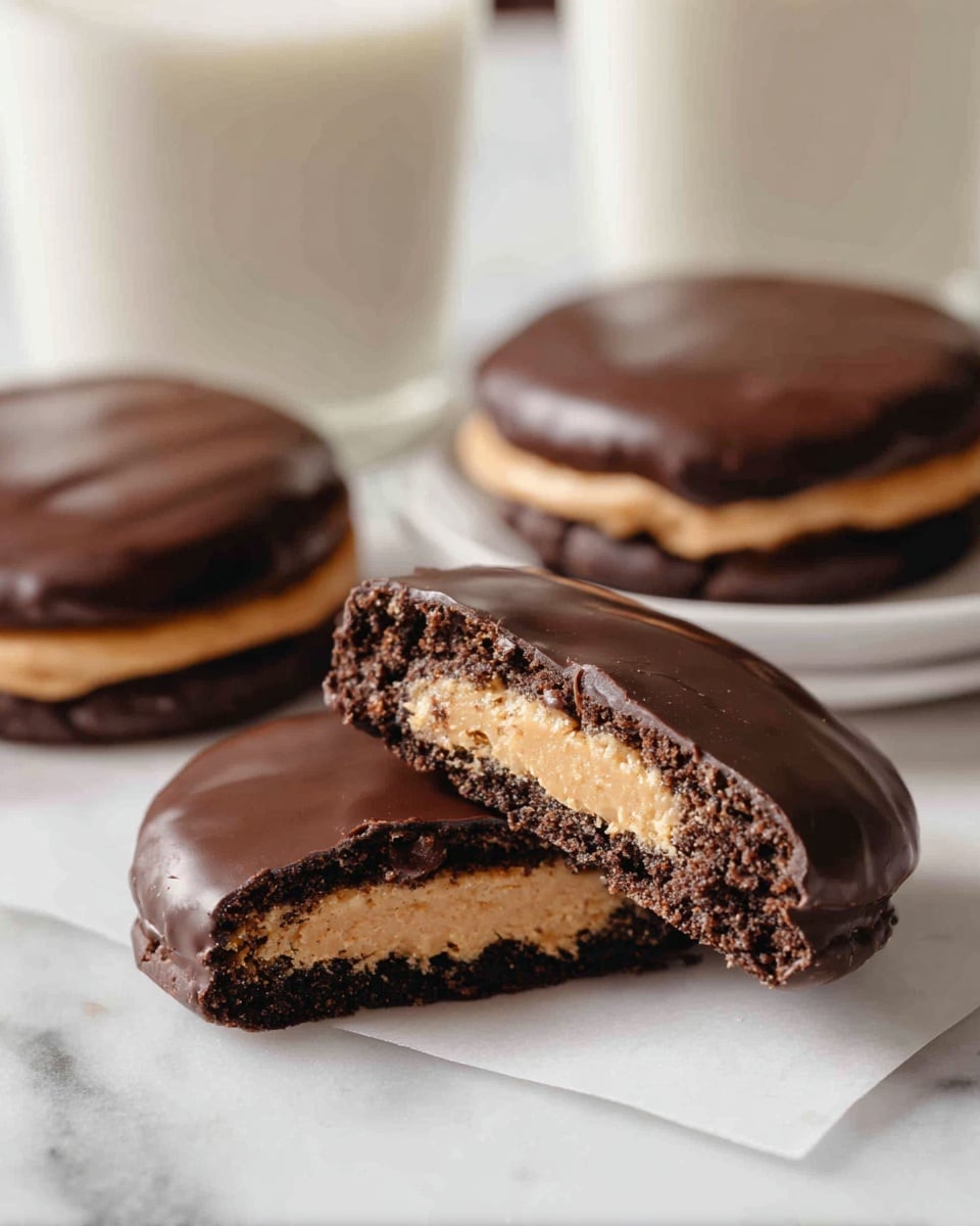 The image shows three round cookies placed on a white marbled surface, each with three visible layers. The bottom layer is a dark brown, rough-textured cookie base. The middle layer is thick, smooth, and light tan, resembling a creamy filling. The top layer is a shiny, dark chocolate coating that covers the entire surface and edge of each cookie. One cookie is cut in half showing a clean cross-section of all three layers. In the background, there are two blurred white glasses of milk. The scene is softly lit, emphasizing the texture of the cookies. photo taken with an iphone --ar 4:5 --v 7
