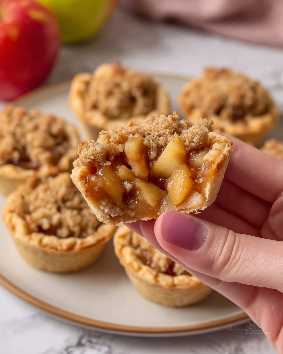 The image shows a white plate holding eight small round tarts arranged in two circles. Each tart has three layers: the outer layer is a light brown baked crust that forms a thick cup shape. Inside the crust is a filling of warm golden brown cooked apple pieces in syrup, topped with a crumbly, lighter brown streusel. Drizzled over the top is a thin icing glaze in a pale beige color. In the background, two red and yellow apples sit beside the plate on a white marbled surface. photo taken with an iphone --ar 4:5 --v 7