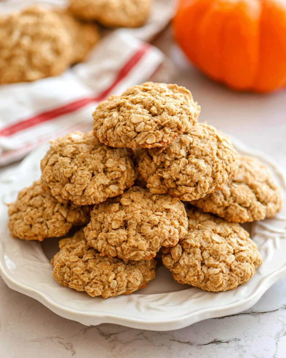 A white decorative plate holds a stack of about nine oatmeal cookies, with a rough, cracked surface textured with visible oats. The cookies are light brown with uneven edges, some overlapping others in a casual pile at the center of the plate. The background shows a white marbled surface with an orange pumpkin and some more cookies blurred behind, resting on a white cloth with a red stripe. Photo taken with an iphone --ar 4:5 --v 7