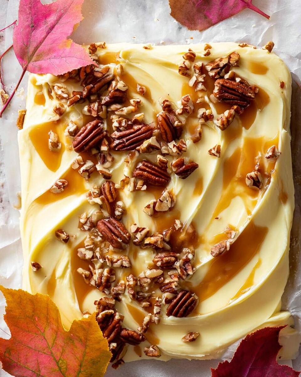 The image shows a close-up of a creamy, smooth layer of pale yellow frosting spread thickly in a square shape. Over this frosting, there are large swirls and pools of shiny caramel sauce in rich golden-brown color scattered across the surface. Chopped pecans with a warm brown hue are sprinkled generously all over, adding a crunchy texture and color contrast. The dish is presented on white parchment paper with a few pink, orange, and red autumn leaves gently resting on top and near the edges. The background is a white marbled texture. photo taken with an iphone --ar 4:5 --v 7