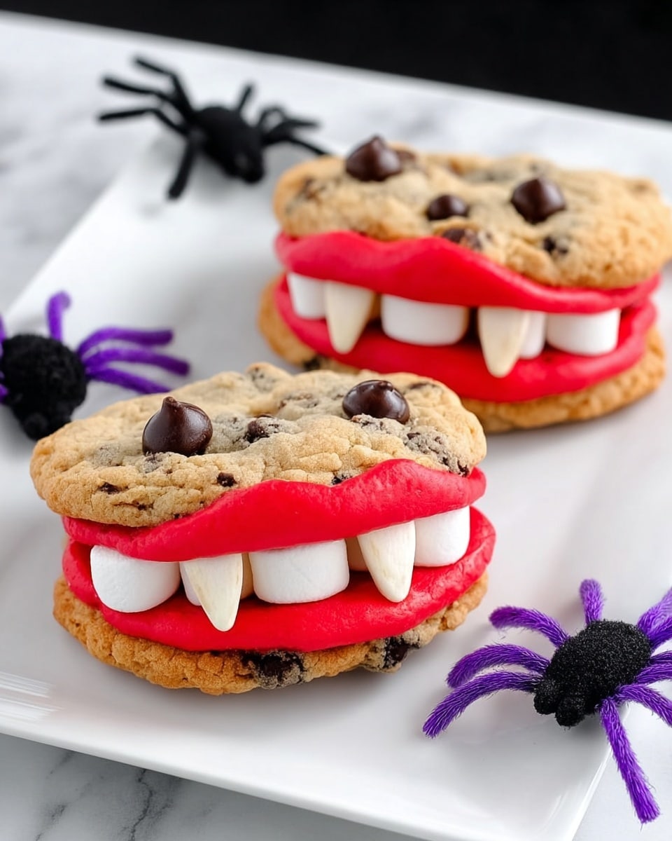 The image shows a wooden board with three cookie halves topped with red frosting shaped like lips, each holding small white marshmallows arranged like teeth. One cookie is fully assembled as a sandwich with marshmallows between two chocolate chip cookie halves covered with red frosting. Nearby, there is a white bowl filled with extra mini marshmallows and a small clear dish holding a few almond slices. The wooden board is placed on a white marbled surface. photo taken with an iphone --ar 4:5 --v 7