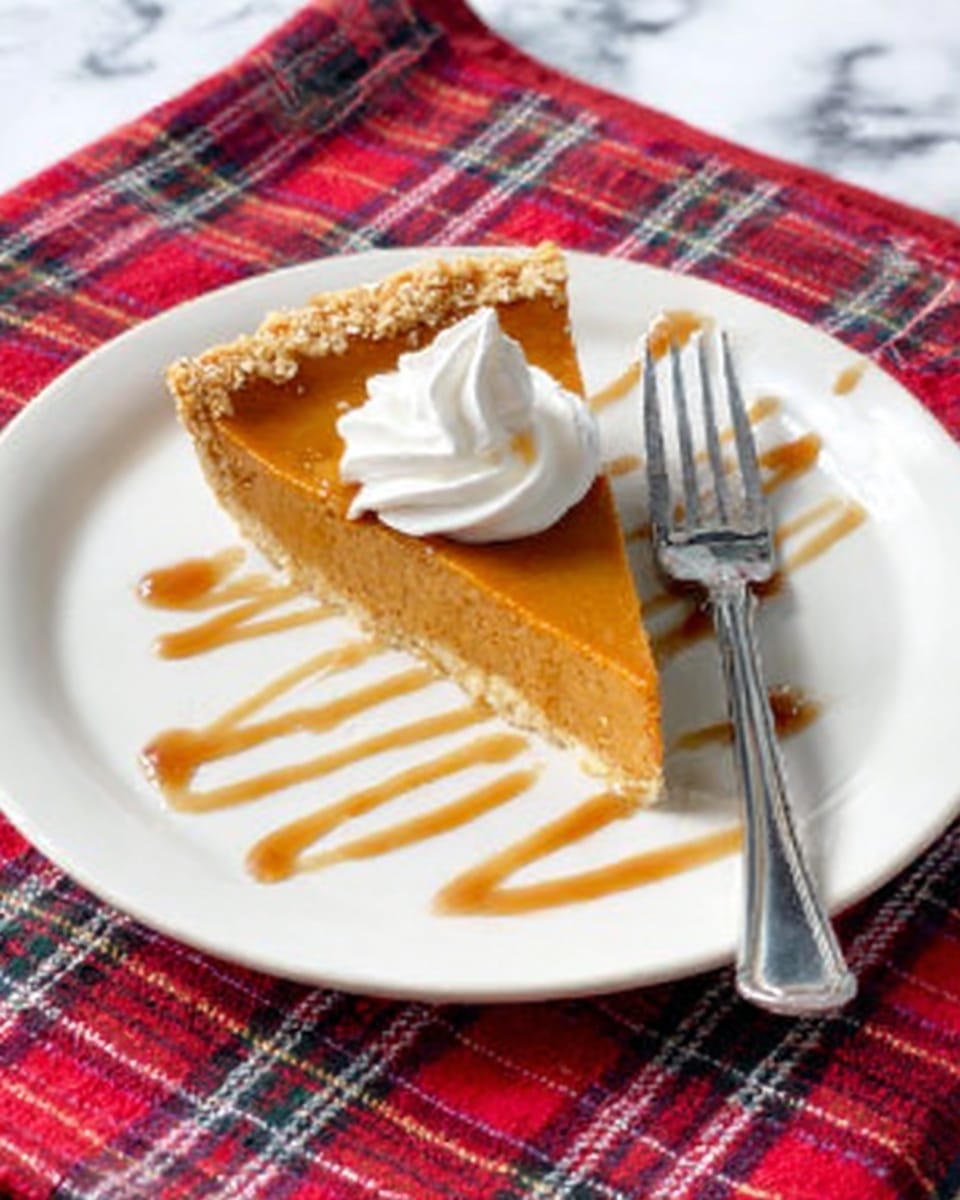 A slice of orange pumpkin pie with a rough, golden crust is placed in the center of a white plate. The pie has one smooth, creamy layer topped with a small dollop of white whipped cream in the middle. Light brown caramel sauce is drizzled in a zigzag pattern across the plate, underneath the pie. A silver fork rests on the right side of the slice, touching the plate. The plate sits on a red plaid cloth with white and dark lines. The surface beneath the cloth is white with a marbled texture. Photo taken with an iphone --ar 4:5 --v 7