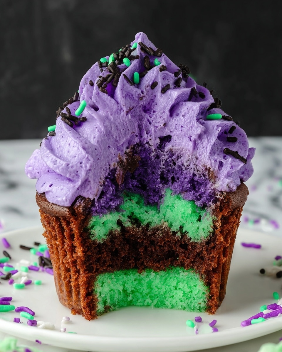 The image shows a cupcake with three main parts visible. The top layer is made of thick, swirled purple frosting with a slightly textured surface, decorated with small black and green sprinkles. The cupcake's body has three inside layers: a bright green layer at the base, a purple layer around the middle, and a chocolate brown layer on the top half. These colors are distinct and have a soft, spongy texture. The cupcake sits on a white plate with colorful sprinkles scattered around on a white marbled surface. Photo taken with an iphone --ar 4:5 --v 7