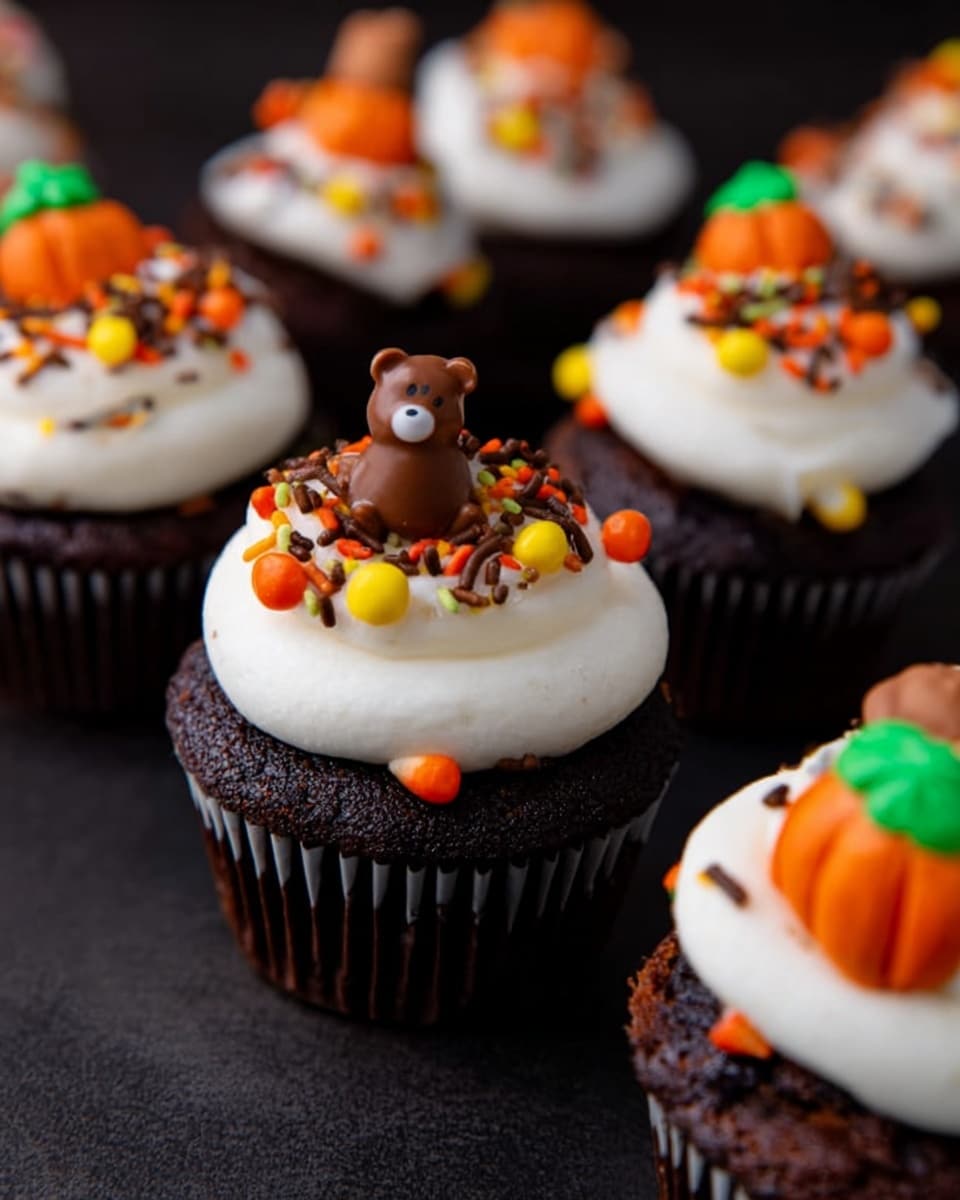 A close-up of several chocolate cupcakes with one shown fully in front, each cupcake has two layers: a dark brown base and a thick swirl of white smooth frosting on top. The frosting is decorated with colorful sprinkles in orange, yellow, green, brown, and red. Each cupcake also has small shaped candies on top, including a pumpkin with green stem and a brown bear, positioned near the center on the frosting swirl. The cupcakes are arranged on a dark background that contrasts with their colors, giving a cozy festive feel. photo taken with an iphone --ar 4:5 --v 7