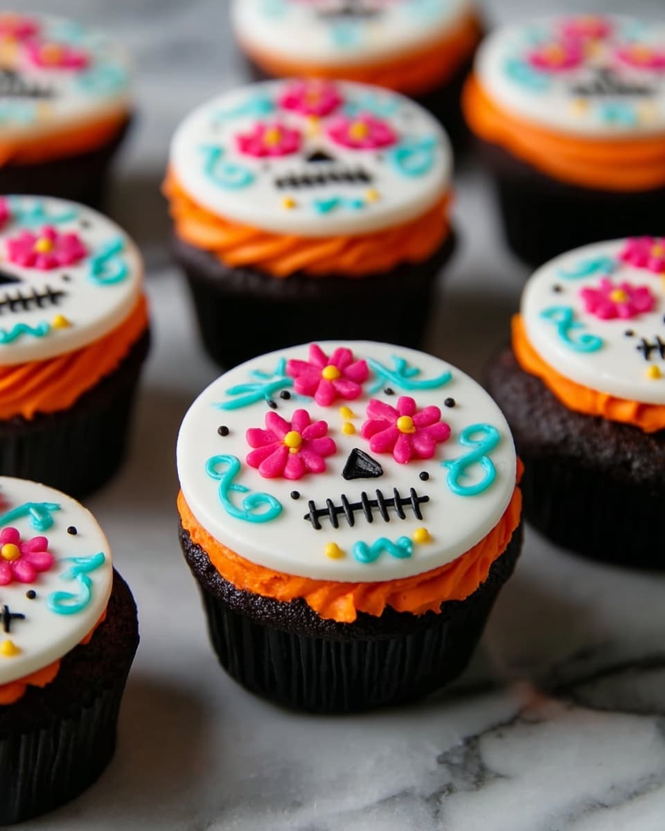 The image shows several cupcakes with three visible layers. The bottom layer is a dark brown cupcake base with a smooth texture. The middle layer is bright orange frosting, thick and creamy, sitting neatly on top of the cupcake base. The top layer is a flat white fondant disk decorated with colorful designs that look like a sugar skull face, featuring pink flowers with yellow centers for eyes, black nose and mouth shapes, small yellow dots, and turquoise swirls on a clean, smooth surface. The cupcakes are arranged on a white marbled surface. photo taken with an iphone --ar 4:5 --v 7