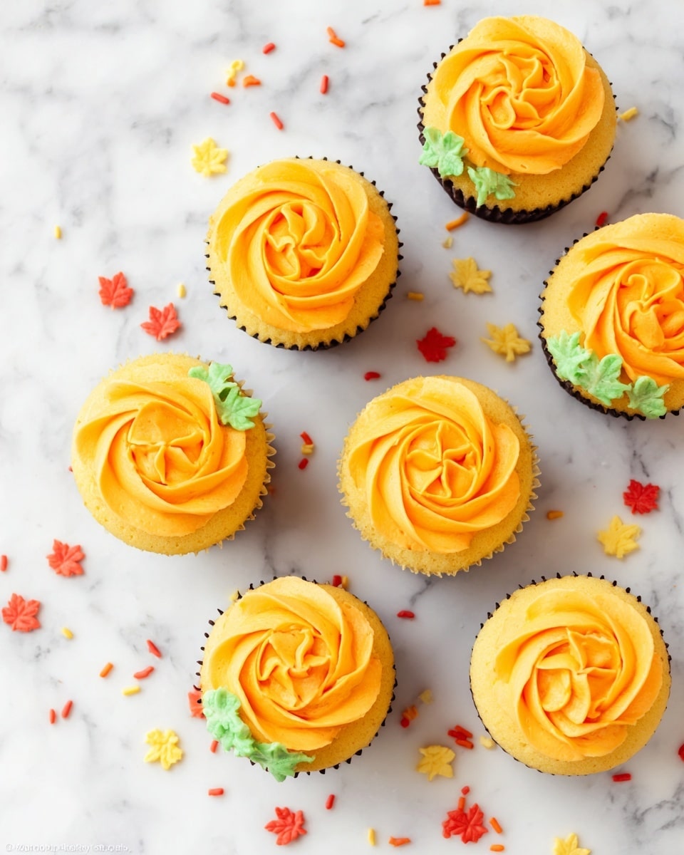 The image shows multiple cupcakes arranged on a white marbled surface, each topped with a smooth swirled layer of bright orange frosting shaped like a rose. On the edge of each frosting swirl, there is a small dollop of pale green frosting, adding a touch of contrast. The cupcake base is darker in color, peeking slightly below the frosting, and the texture of the frosting looks creamy and soft, with well-defined petal patterns. The overall look is neat, colorful, and visually appealing as a group. photo taken with an iphone --ar 4:5 --v 7