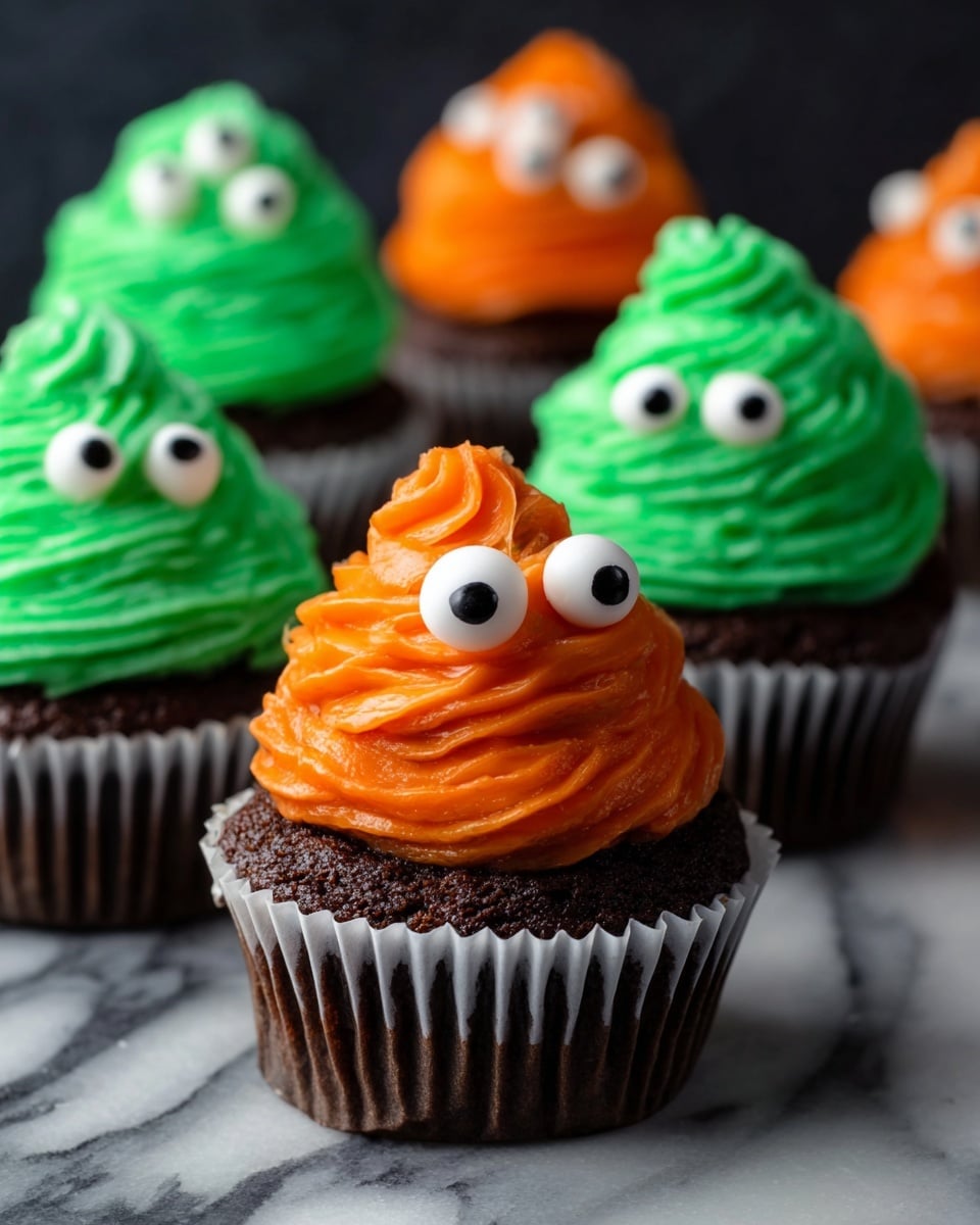 Three chocolate cupcakes each have a thick swirl of frosting on top. Two cupcakes have bright green frosting shaped like small peaks with smooth, wavy texture and are decorated with white candy eyes that have black pupils, scattered on the frosting. The third cupcake has orange frosting with the same swirl pattern and also white candy eyes with black pupils spread over it. All cupcakes are in silver liners and sit on a white marbled surface. The photo taken with an iphone --ar 4:5 --v 7