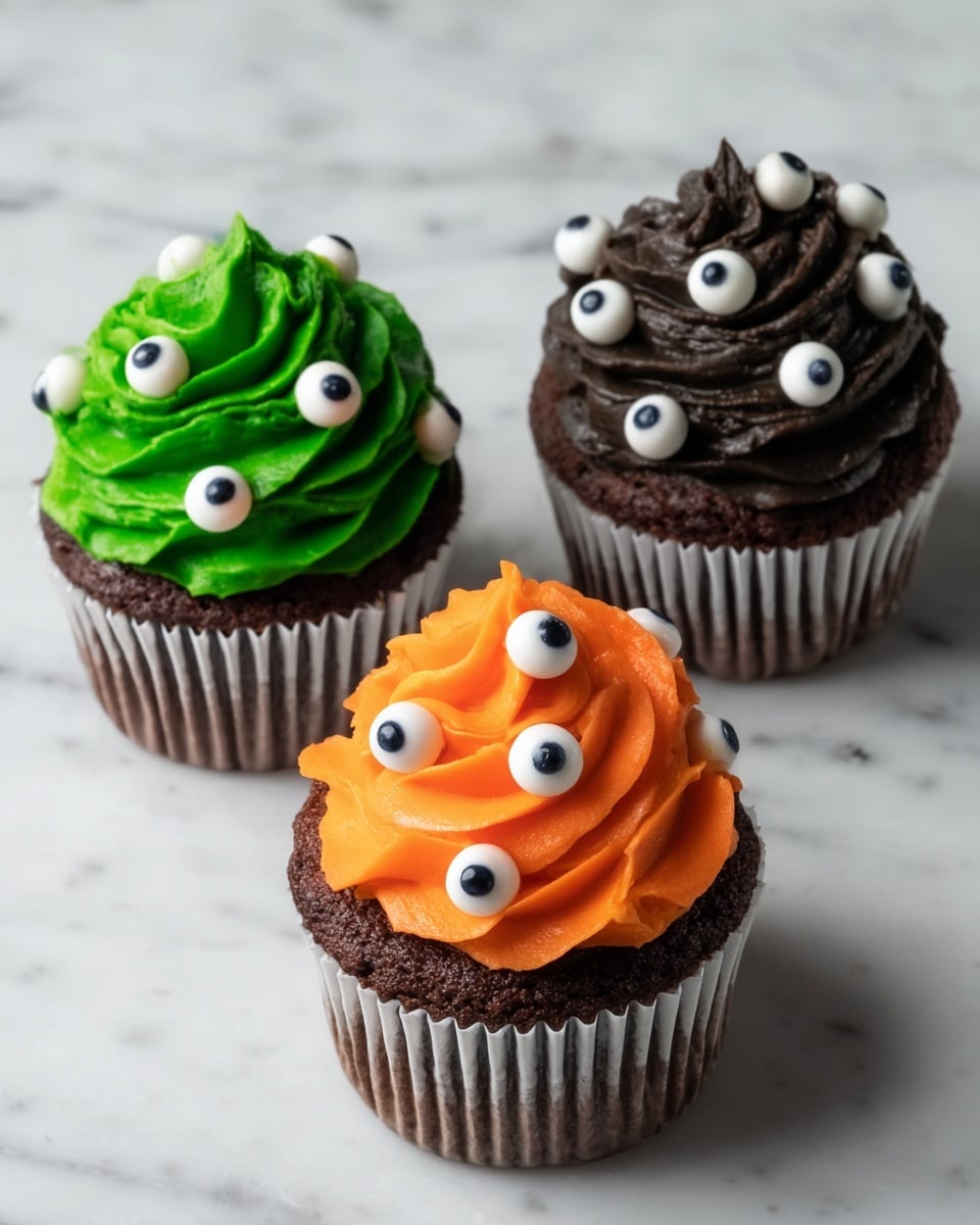 Three chocolate cupcakes are placed side by side on a white marbled surface. Each cupcake has one swirl of thick frosting layered tall on top. The two cupcakes on the left and right have dark green frosting with smooth, piped waves, decorated with multiple small and medium-size white candy eyes with black pupils placed evenly around the frosting. The middle cupcake has bright orange frosting with similar piped swirls and is covered with several candy eyes of different sizes in the same white and black color. All cupcakes are in plain white paper liners. Photo taken with an iphone --ar 4:5 --v 7