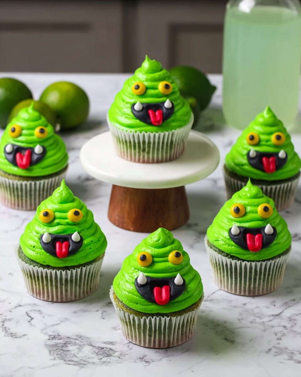 The image shows six green cupcakes with bright green frosting shaped like a swirl on top. Each cupcake has two yellow eyes with black centers, a wide black mouth with small white round teeth, and a red tongue sticking out. The cupcakes are in white paper liners, with one cupcake placed in the center on a small, white cake stand with a wooden base, while the other five cupcakes are arranged around it on a white marbled surface. In the background, there are three whole limes and a clear green drink bottle. Photo taken with an iphone --ar 4:5 --v 7