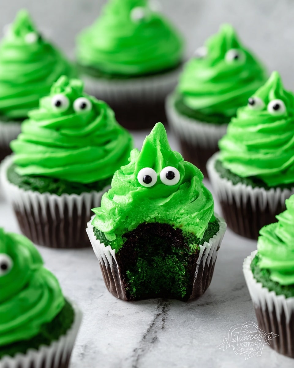 This image shows several green cupcakes with thick swirls of bright green frosting on top, each decorated with two small candy eyes. The cupcakes have a dark green base with a moist texture visible where one cupcake has a bite taken out. The frosting is piped in a tall, pointed spiral with defined ridges. The cupcakes are in white paper liners and placed on a white marbled surface, creating a clean and bright background. The frosting looks smooth and creamy, contrasting with the soft, textured cake inside. photo taken with an iphone --ar 4:5 --v 7