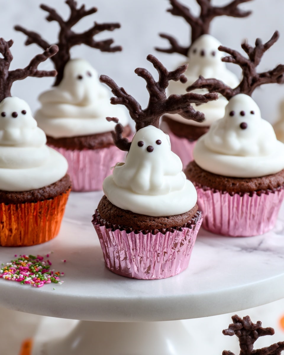 The image shows several cupcakes on a white marble cake stand, each cupcake wrapped in shiny pink foil. The cupcakes have thick swirls of smooth white frosting shaped like little ghosts with two small black eyes. On top of or behind each cupcake is a dark chocolate tree branch decoration, some with small colorful sprinkles. The background is simple and light, with a white marbled surface under the stand. The overall look is playful and festive. photo taken with an iphone --ar 4:5 --v 7
