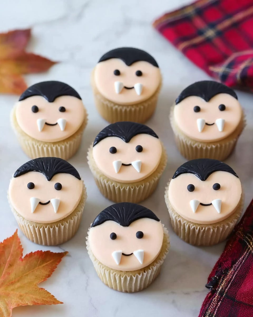 The image shows cupcakes decorated to look like vampire faces. Each cupcake has a smooth, light beige icing layer covering the top. There is a dark black layer shaped like hair on the upper part of the cupcake top. Two small black dots act as eyes near the center. A small black curved line below the eyes forms a smiling mouth. Two white fangs made from icing stand out below the mouth. The cupcakes are placed on a gray wooden table next to a red checked cloth and some autumn leaves. Photo taken with an iphone --ar 4:5 --v 7