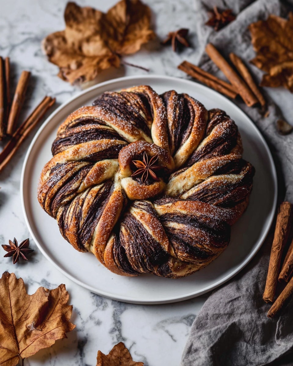 The image shows a round star-shaped bread with twisted layers, placed on a white plate. The bread has multiple dark brown and light golden layers that create a swirling pattern from the center to the edges, making it look like a flower or star. The center has a small round piece with a star anise on top. The bread is dusted lightly with sugar, adding texture to the golden-brown crust. It sits on a white marbled surface with some cinnamon sticks and dried leaves around, giving a warm, cozy feel. Photo taken with an iphone --ar 4:5 --v 7