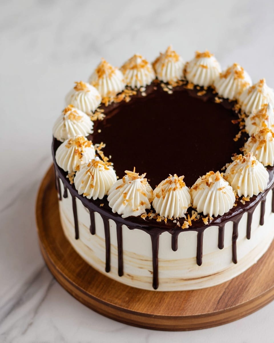 A round cake with three visible layers: the bottom layer is white cream with a smooth texture, the middle layer consists of dark chocolate ganache dripping down the sides in thin lines, and the top layer is a thick, shiny, smooth dark chocolate glaze. Around the top edge, there are evenly spaced white cream dollops with a soft, swirled pattern, sprinkled with small golden brown toasted coconut flakes. The cake sits on a round wooden board placed on a white marbled surface. Photo taken with an iphone --ar 4:5 --v 7