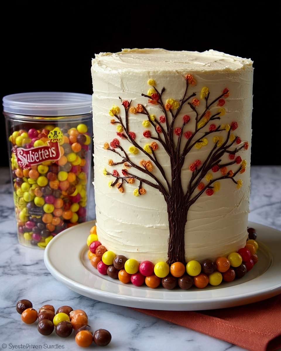The image shows a tall, round cake with three visible layers, all covered in smooth, creamy white frosting with a slightly textured finish. On the side of the cake, a chocolate tree is drawn, with a thick trunk and many thin branches spreading out. Small colorful candy balls, in red, yellow, orange, and brown, are placed on the branches like fruits or leaves. Around the bottom edge of the cake, a ring of these candy balls encircles it. The cake sits on a white plate on a white marbled surface. Next to the cake is a clear plastic container partially filled with the same colorful candy balls, and the container lid is off and filled too. The background is dark, making the cake and candies stand out. Photo taken with an iphone --ar 4:5 --v 7