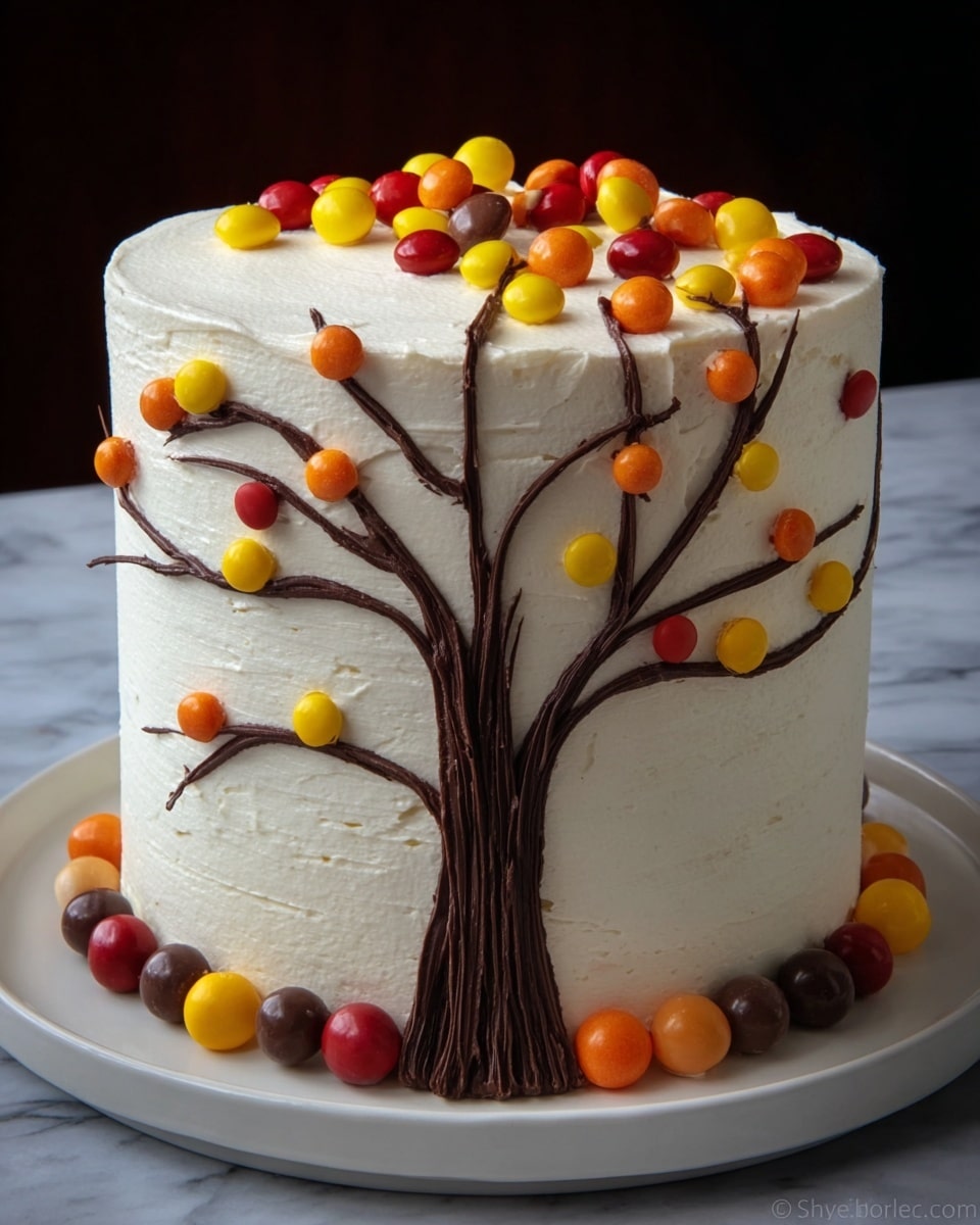 A tall, round cake with three visible layers covered in smooth white frosting that has a slightly rough texture from spreading. On the front, a tree made from dark brown chocolate lines stands up from the base with many curvy branches reaching upward. Small round candies in yellow, orange, red, and dark brown colors are placed like fruit on the branches and also circle the base of the cake. The cake sits on a white plate on a white marbled surface with a dark background. photo taken with an iphone --ar 4:5 --v 7