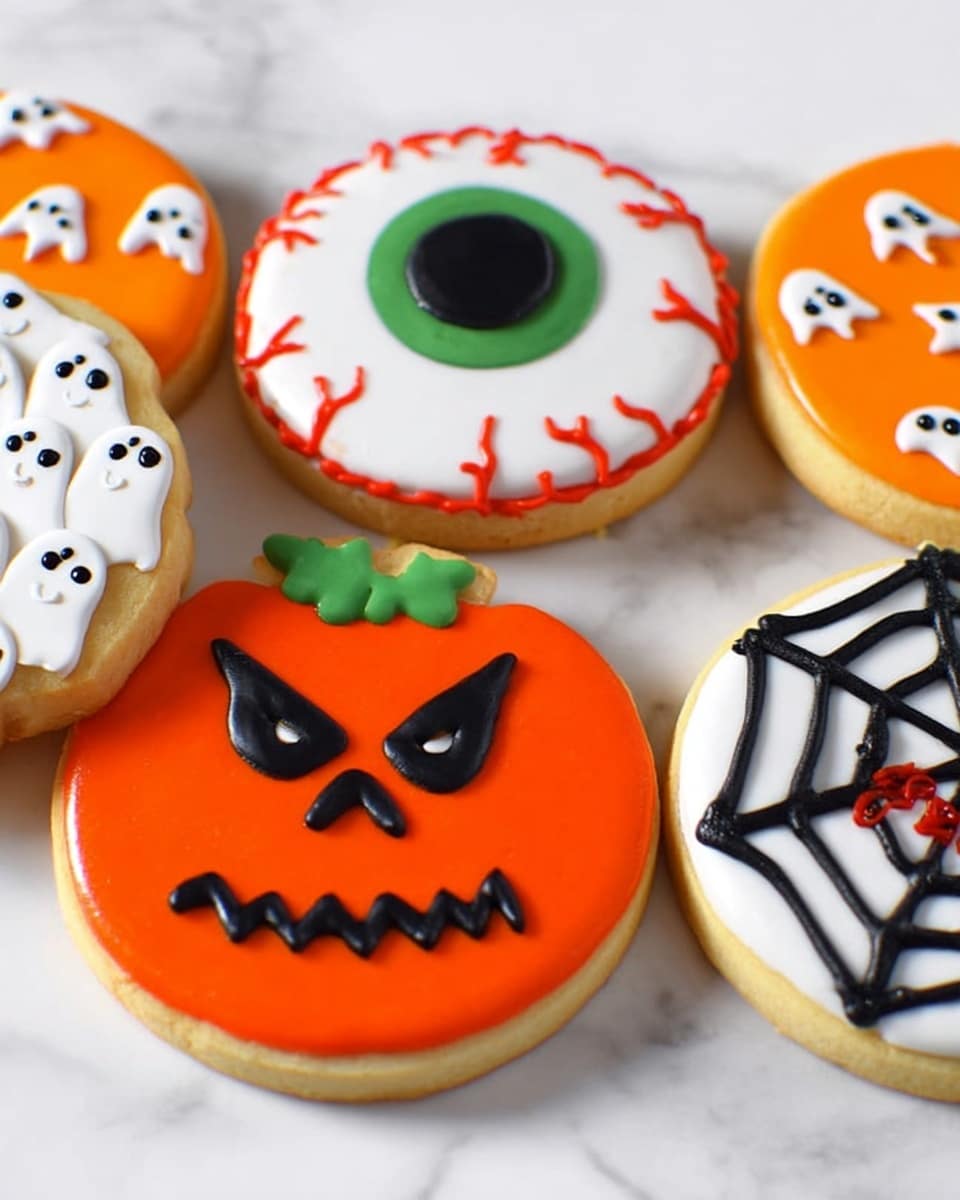 The image shows five Halloween-themed cookies on a white marbled surface. One cookie shaped like a pumpkin is covered in smooth bright orange icing with black icing creating angry eyes, a nose, and a jagged mouth; it also has a small green leaf on top. Another round cookie features a white base with a green and black eyeball design in the center surrounded by red lines resembling blood vessels. A third cookie has an orange icing base with many small white ghost shapes outlined in black. The fourth cookie is decorated with a white base and a black spiderweb pattern with a small red detail in the center of the web. The fifth cookie (partly visible) also has a white base with red lines similar to the eyeball cookie. photo taken with an iphone --ar 4:5 --v 7