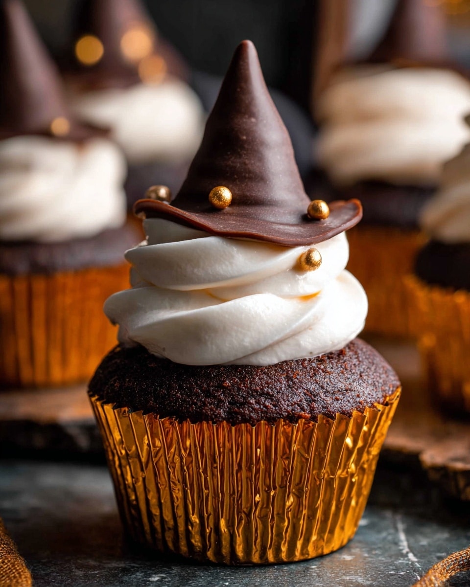 The image shows a chocolate cupcake in a shiny gold wrapper. The cupcake has three main layers: the bottom is a rich, dark brown chocolate cake, the middle layer is thick white frosting swirled in a soft, smooth texture covering the top of the cake, and the top layer is a pointed chocolate piece shaped like a witch’s hat sitting in the center of the frosting. Small gold round sprinkles are scattered on the frosting. The cupcake is placed on a dark surface with other similar cupcakes blurred in the background. The photo taken with an iphone --ar 4:5 --v 7