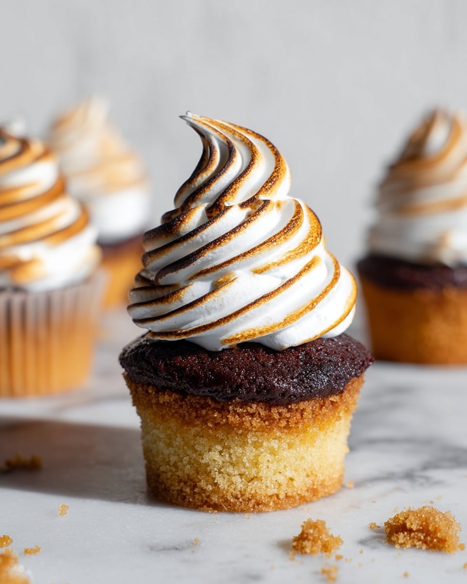 A close-up of a cupcake with three visible layers: a bottom layer of golden brown crumbly crust, a thick middle layer of dark chocolate cake, and a top layer of white toasted meringue with golden brown swirls. One cupcake is cut open, showing a smooth, glossy, dark chocolate filling in the middle of the chocolate layer. The cupcakes are placed on a white marbled surface with scattered crumbs and pieces of square golden brown crackers. Photo taken with an iphone --ar 4:5 --v 7