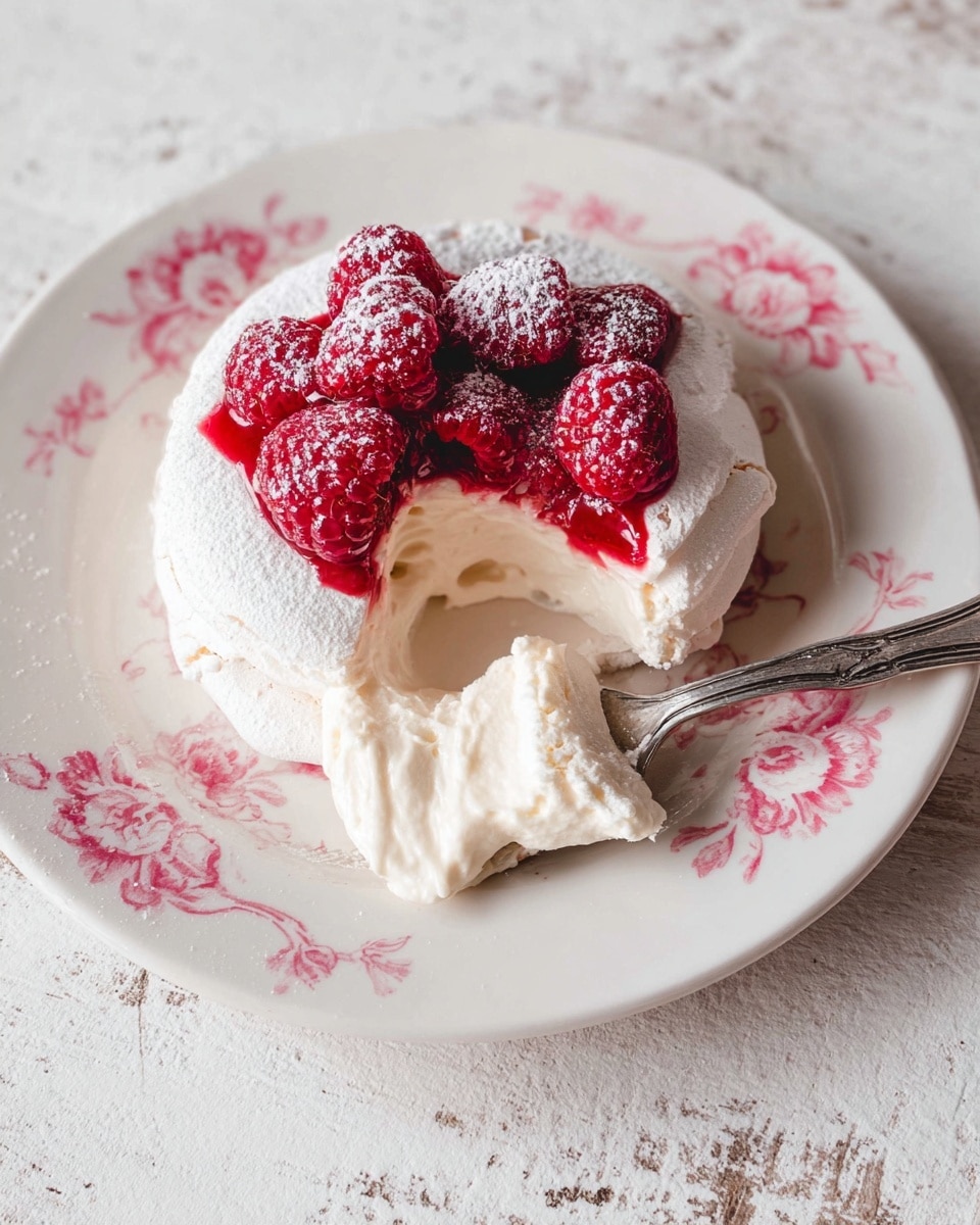 The dish shows a small round pavlova with three visible layers: the bottom layer is a white soft meringue, the middle layer is creamy white whipped cream spreading slightly over the edges, and the top layer is made of bright red raspberries covered with white powdered sugar. A small slice of the pavlova is taken out with a silver fork, showing the soft creamy texture inside. The pavlova sits on a white plate with pink floral designs, all placed on a white marbled textured surface. photo taken with an iphone --ar 4:5 --v 7