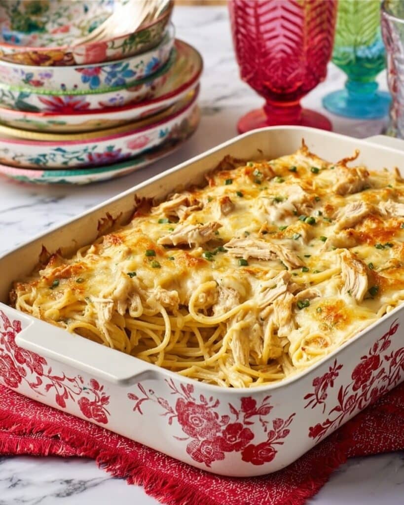 Chicken Spaghetti Casserole with Mushrooms and Cheddar Recipe