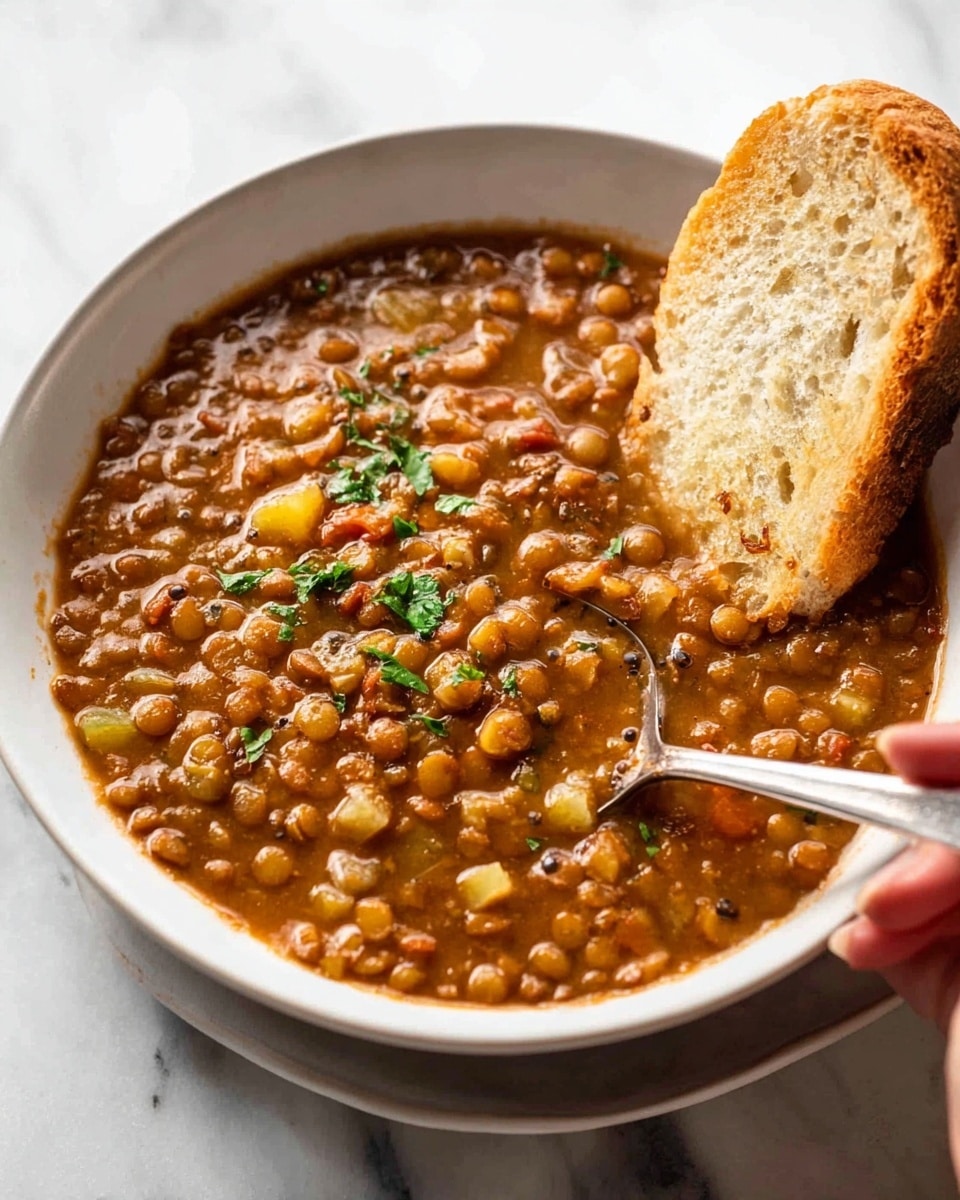 A white bowl filled with thick lentil soup that has a rich brown color with visible small lentils and pieces of vegetables like yellow and green bits. The soup surface is slightly shiny and has a few sprigs of green parsley sprinkled on top. A toasted piece of bread with a light golden crust is partially dipped into the soup on the right side of the bowl. A silver spoon held by a woman's hand is placed in the soup on the left side. The bowl rests on a white marbled surface. Photo taken with an iphone --ar 4:5 --v 7