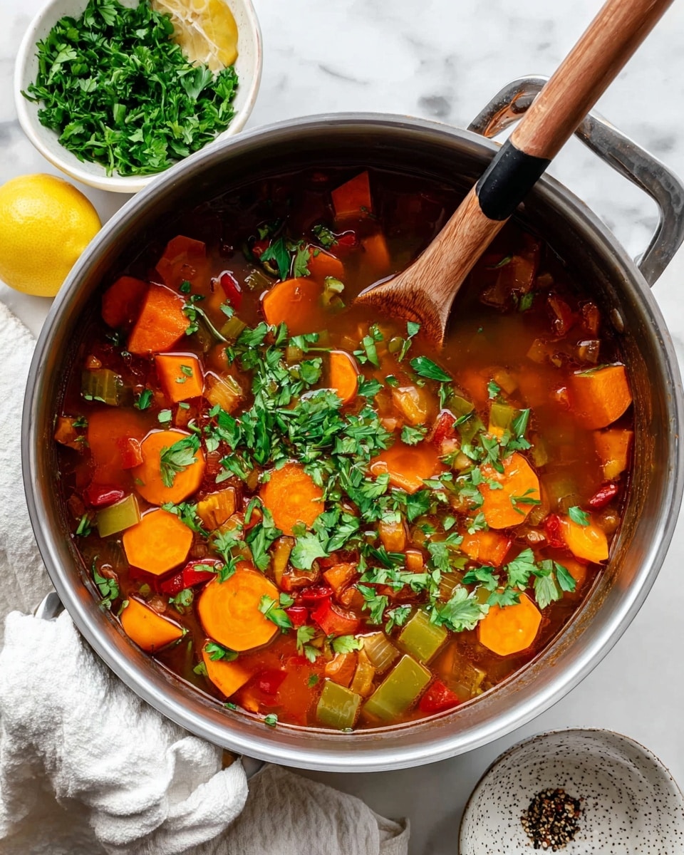 The image shows a pot full of rich vegetable soup with two main layers. The bottom layer is a deep reddish-brown broth, slightly thick, covering the entire pot. The top layer has many colorful vegetables floating in the soup, including orange carrot slices, yellow chunks of sweet potato, diced white onion pieces, red bell pepper strips, green herbs, and small brown lentils. A black ladle scoops up a mix of these vegetables and lentils, highlighting their varied colors and textures. The pot is on a white marbled surface. Photo taken with an iphone --ar 4:5 --v 7