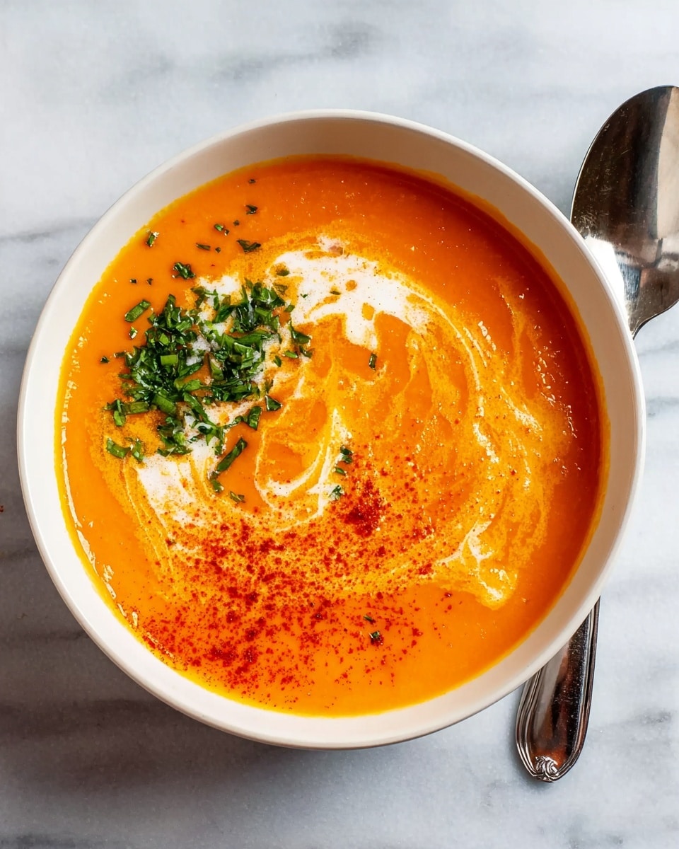 A round white bowl filled with bright orange creamy soup, topped with a swirl of white cream, a sprinkle of finely chopped green herbs on the top left, and a light dusting of red spice scattered mainly on the bottom left side. The bowl sits on a white marbled surface with a shiny silver spoon placed to the right of the bowl. The soup’s texture looks smooth and thick, contrasting with the soft colors of the cream and herbs. photo taken with an iphone --ar 4:5 --v 7