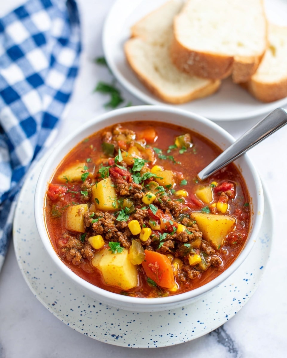 A white bowl filled with a colorful stew sits on a white plate with blue specks on a white marbled surface. The stew has a red broth with chunks of brown ground meat, yellow potatoes, orange carrots, yellow corn kernels, green herbs, pale celery, and red tomato pieces. Bright green chopped parsley tops the stew, adding a fresh touch. A silver spoon rests inside the bowl. In the background, two slices of white bread lay on a white plate over a blue and white checkered cloth. photo taken with an iphone --ar 4:5 --v 7