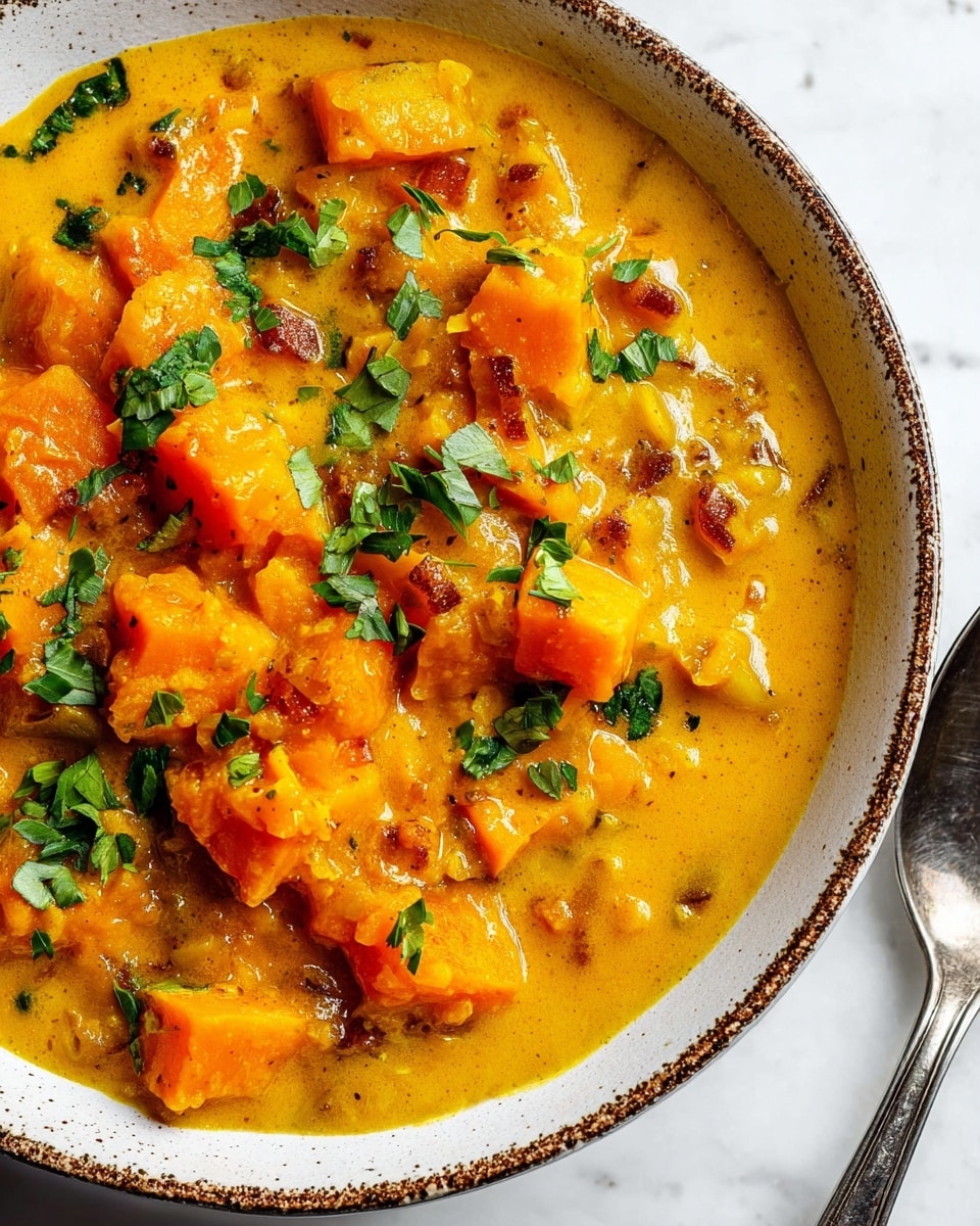 A close-up view of a bowl filled with a thick stew made of orange chunks, possibly squash or sweet potatoes, in a rich, creamy yellow sauce with small pieces of browned bits and onions mixed in. The stew is garnished with chopped green herbs scattered on top. The bowl is white with a speckled brown rim, set on a white marbled surface next to a spoon. photo taken with an iphone --ar 4:5 --v 7