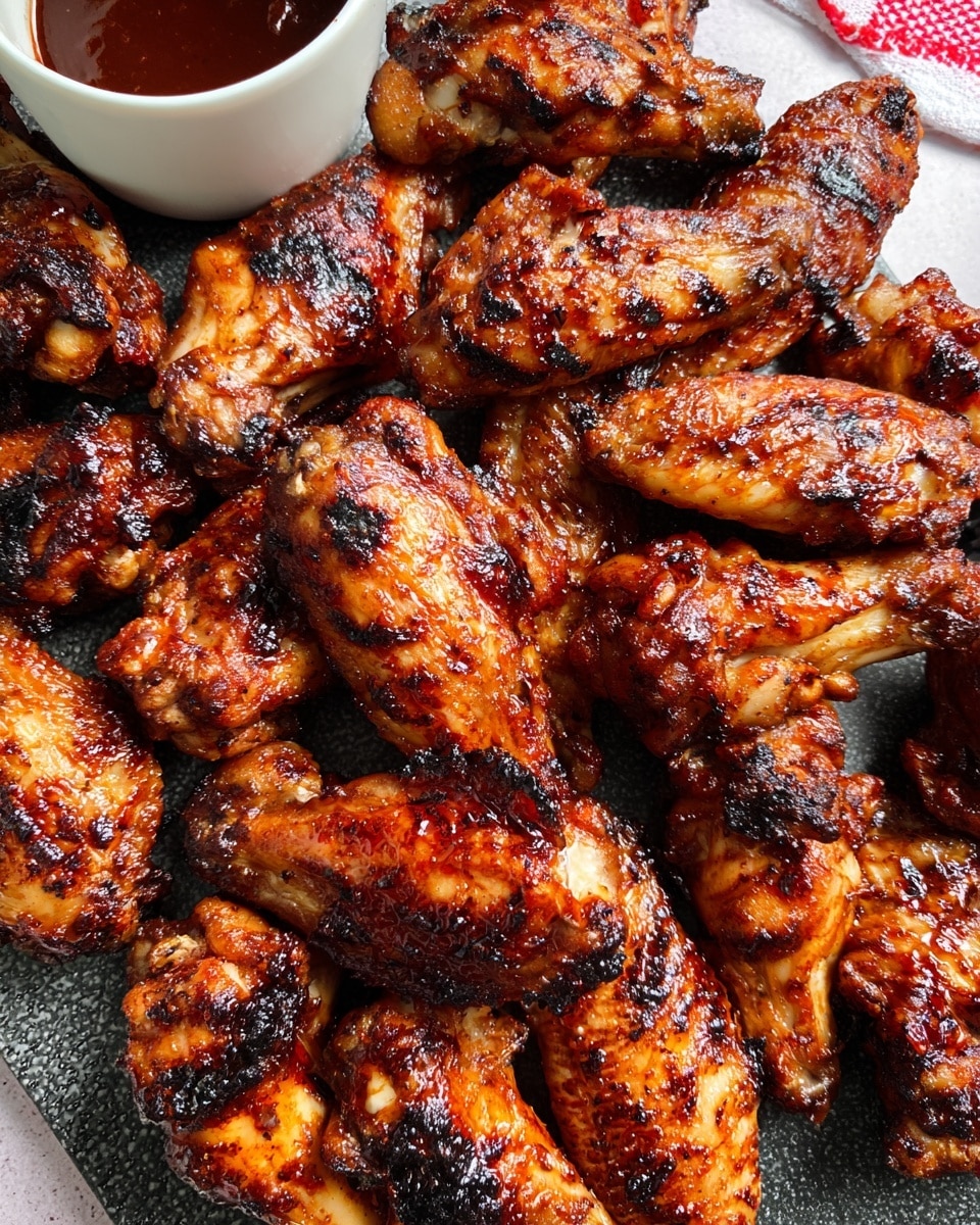 A close-up view of many grilled chicken wings piled on a dark textured surface, each wing showing a shiny, reddish-brown color with charred bits and a slightly oily glaze that makes them look juicy and well-cooked. In the top corner, a small white bowl holds a dark reddish dipping sauce, and part of a red and white cloth is visible on the white marbled background. The wings are layered naturally, some overlapping others, creating a rich and inviting feast look. photo taken with an iphone --ar 4:5 --v 7