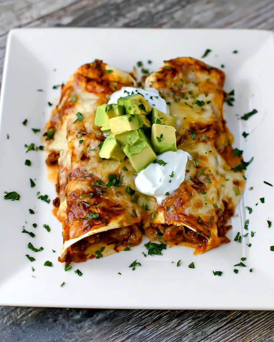 A white square plate holds three rolled enchiladas stacked close together, each covered with melted cheese that is light golden and slightly browned in spots, with visible bits of ground meat and sauce seeping out from the edges. On top of the enchiladas sits a small pile of bright green avocado cubes and dollops of white sour cream, sprinkled lightly with chopped fresh green herbs. Tiny flecks of herbs also surround the dish, adding a touch of color on the white plate. The photo is taken on a white marbled surface. Photo taken with an iphone --ar 4:5 --v 7