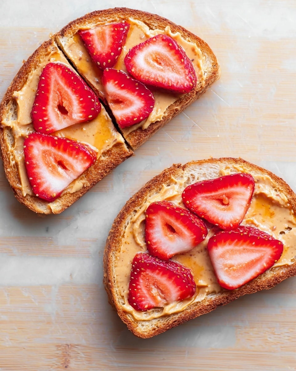 Two slices of toasted bread lie on a white marbled surface, each slice topped with a smooth, light brown spread that has a slightly glossy texture. On top of the spread, several vibrant red strawberry slices are arranged randomly, adding a pop of bright color. The toasts are cut diagonally into halves, showing the crisp edges of the bread. The overall image has a cozy, fresh look with warm tones from the toasted bread and bright splashes from the strawberries. photo taken with an iphone --ar 4:5 --v 7