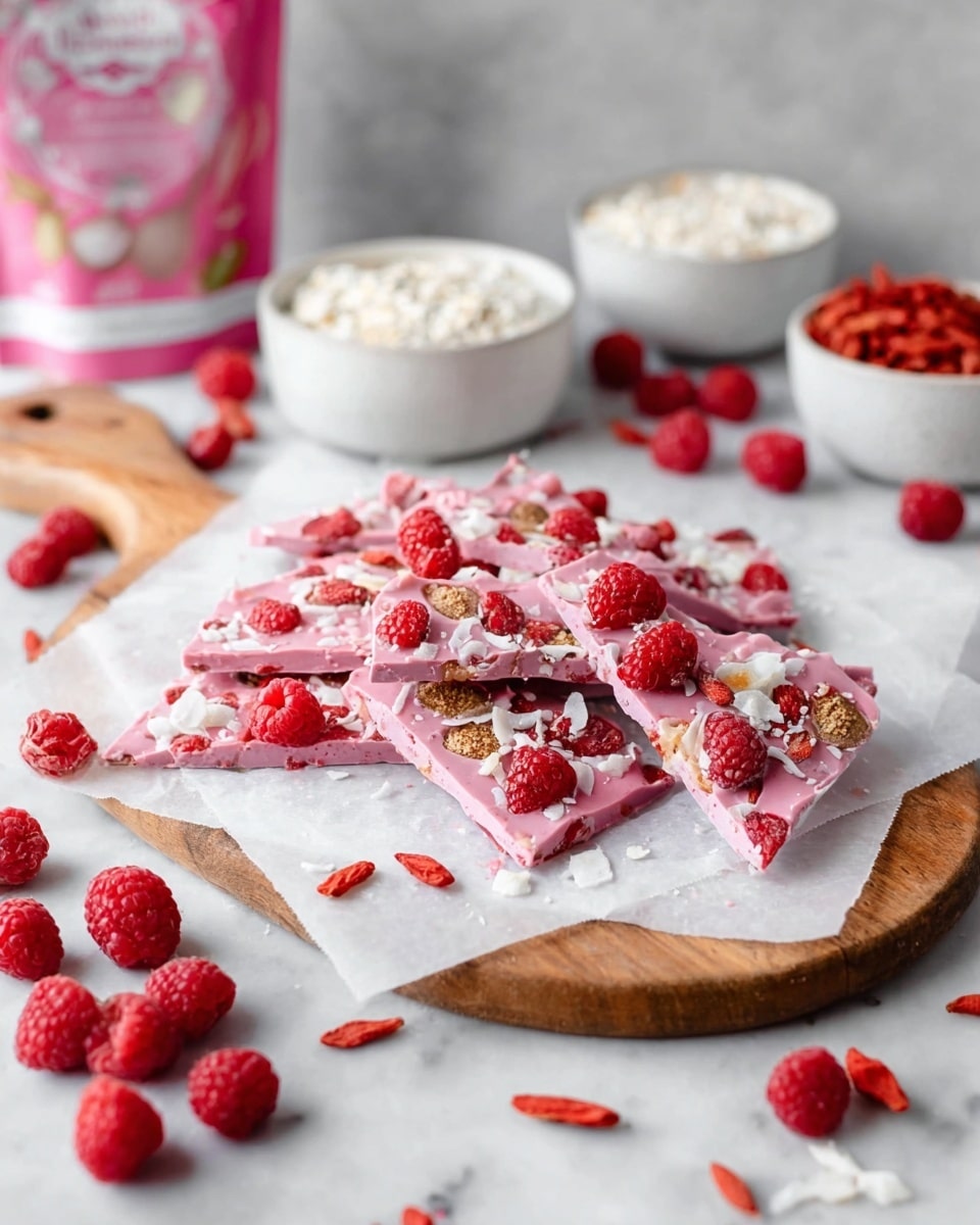 The image shows several pieces of pink frozen bark laid on white parchment paper over a wooden board. The bark is studded with fresh red raspberries, small dried mulberries which are light brown, bright red dried goji berries, and white coconut flakes scattered unevenly. The texture of the bark is smooth but slightly cracked at the edges. Around the bark on the white marbled surface, there are more loose raspberries and dried berries. In the background, there are three white bowls filled with white puffed grains, red dried goji berries, and a pink and white package standing upright. The picture is bright and crisp, with all colors popping naturally. photo taken with an iphone --ar 4:5 --v 7