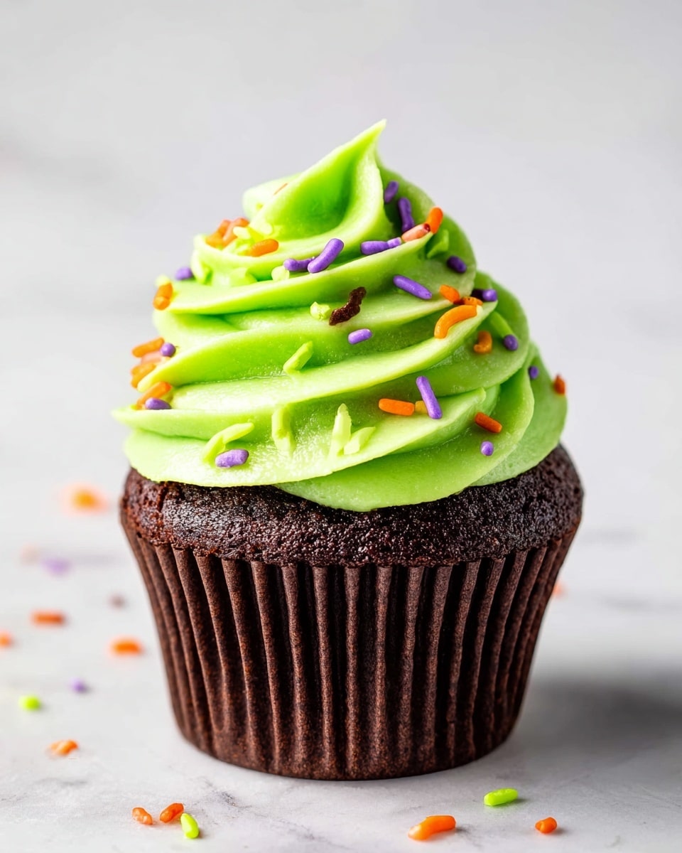 The image shows a single chocolate cupcake in a brown cupcake liner placed on a white marbled surface. The cupcake has one layer of dark, moist-looking chocolate cake. On top, there is one thick layer of bright green swirled frosting that peaks smoothly in the center, with a rich, creamy texture. Scattered over the frosting and surface around the cupcake are small round and oblong sprinkles in orange, purple, and light green colors, adding a colorful and festive look. photo taken with an iphone --ar 4:5 --v 7