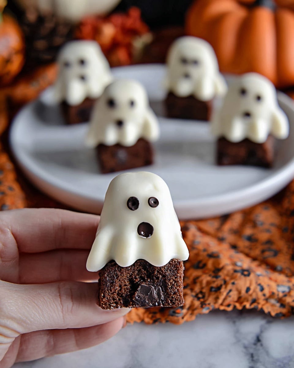 A woman's hand is holding a small ghost-shaped dessert made of dark brown cake with chocolate chips inside, covered by a smooth white icing that drapes like a ghost’s body. The ghost has three black round eyes and a mouth made from small candy pieces. In the background, there is a white plate with several more of the same ghost cakes, all placed on a white marbled surface with a textured orange and brown patterned cloth underneath. There are also some autumn-themed decorations blurred in the background. Photo taken with an iphone --ar 4:5 --v 7