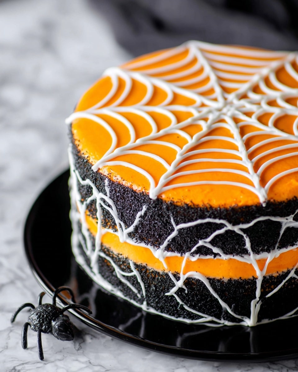 This is a three-layer cake with dark black top and bottom layers and a bright orange middle layer. The cake is decorated with thin white icing lines drawing a spider web pattern all over the top and around the sides. The black layers have a textured, almost crumbly look, while the orange layer is smooth and vibrant. The cake sits on a glossy black plate, with a small dark plastic spider nearby. The background is a white marbled texture. photo taken with an iphone --ar 4:5 --v 7