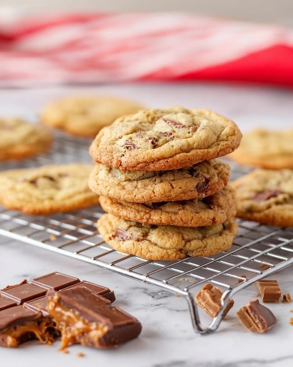 A stack of five golden brown cookies sits on a silver cooling rack, showing a slightly crispy texture with bits of melted chocolate inside. Around the stack, there are more cookies resting flat on the rack, some with a lightly cracked surface and soft-looking edges. To the left, a broken chocolate candy bar with caramel inside lies partially eaten, adding a rich contrast in color. The cooling rack is placed on a white marbled surface, with a blurred red and white striped cloth in the background. Photo taken with an iphone --ar 4:5 --v 7