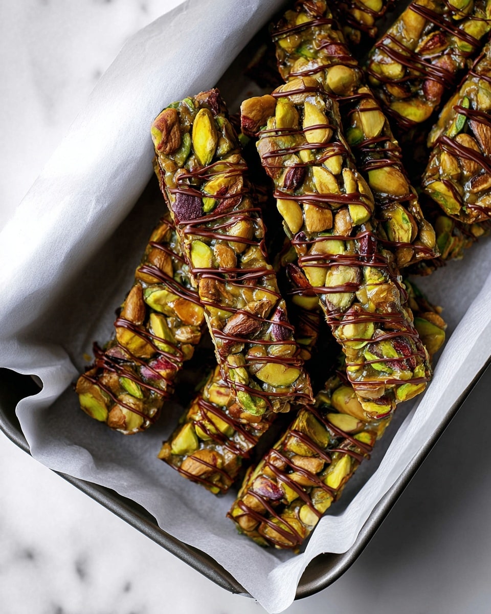 The image shows thick nut bars made mainly of whole pistachios clumped tightly together in an even single layer, with a shiny, slightly roasted texture. Some bars are drizzled with thin dark chocolate lines on top, adding a glossy contrast to the green and brown nuts. The bars are placed on crumpled white parchment paper inside a black rectangular tray, and the tray is set on a white marbled surface. Photo taken with an iphone --ar 4:5 --v 7