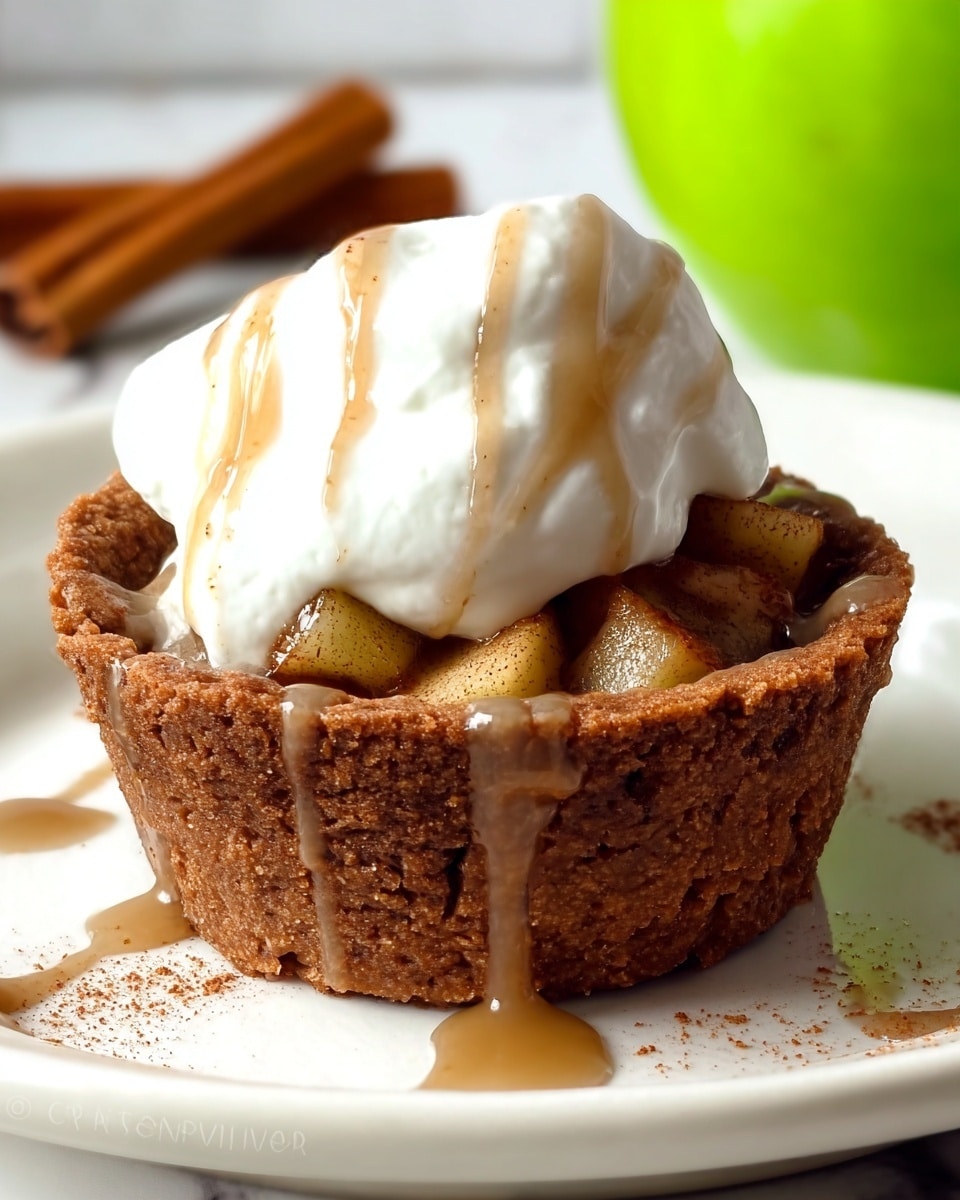 A small dessert cup with three clear layers sits on a white plate placed on a white marbled surface. The base layer is a golden brown crumbly crust filled with diced apples cooked in a shiny, light brown sauce. On top, there is a generous swirl of white whipped cream sprinkled lightly with ground spices, adding texture and contrast. In the background, a silver baking tray filled with similar dessert cups is visible, slightly out of focus. Photo taken with an iphone --ar 4:5 --v 7