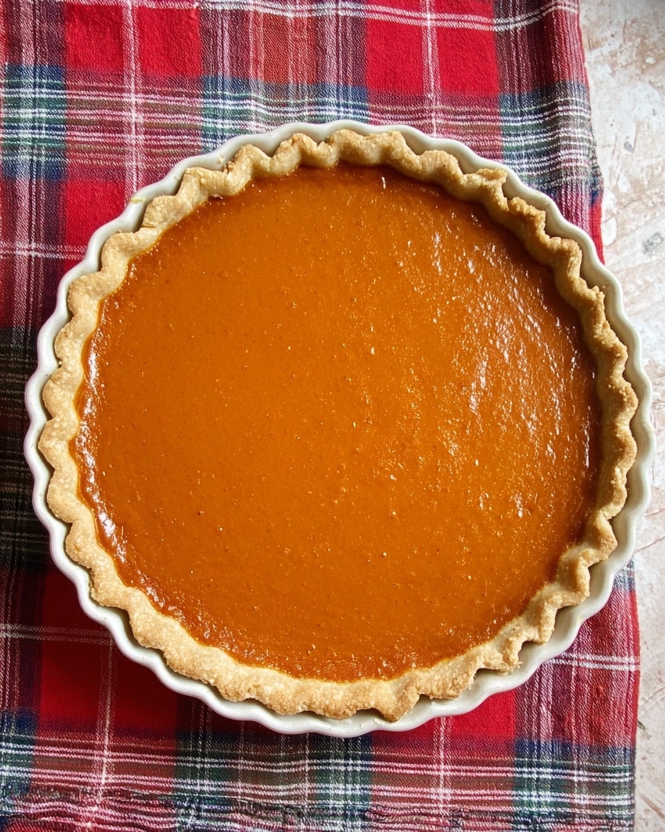 A round pumpkin pie with one layer of smooth, glossy orange filling sits inside a white fluted pie dish. The crust is light tan with a slightly rough texture, pressed evenly around the edges with scalloped ridges. The pie is placed on a red, green, and blue plaid cloth with white lines, all resting on a white marbled surface. photo taken with an iphone --ar 4:5 --v 7