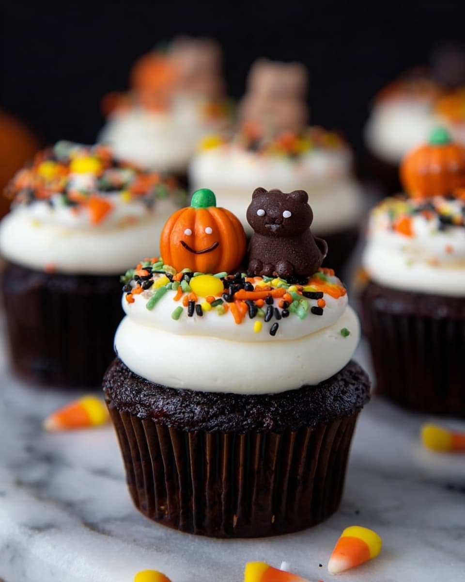 A dark chocolate cupcake sits at the front with a thick swirl of white frosting forming two smooth, round layers. Colorful sprinkles in orange, black, yellow, and green are scattered over the frosting. On top, a small orange pumpkin-shaped candy and a tiny brown cat-shaped candy are placed side by side. The cupcake wrapper is dark brown and visible at the bottom. More similarly decorated cupcakes fade into the background. The scene is set on a white marbled surface. photo taken with an iphone --ar 4:5 --v 7