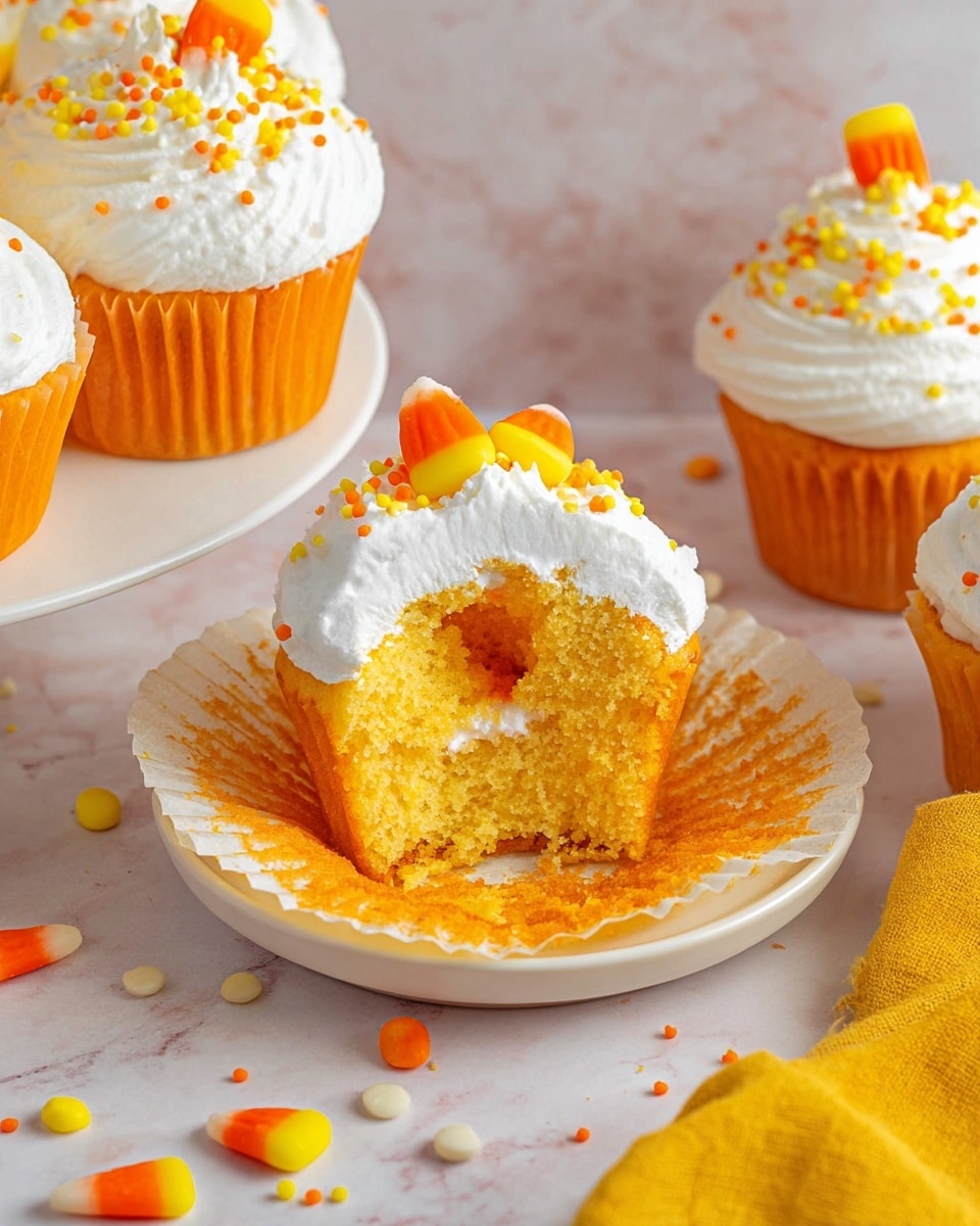 The image shows bright orange cupcakes with a moist texture, each topped with a thick swirl of white frosting. One cupcake is unwrapped, revealing three clear layers: the bottom layer is a soft orange cake, the middle has a small hollow with a bit of light cream filling, and the top layer is smooth white frosting shaped into a wave, crowned with a small orange and yellow candy piece and scattered with tiny yellow and orange round sprinkles. The cupcakes sit on a white plate and a white marbled surface with scattered candy pieces and a yellow cloth in the corner. Photo taken with an iphone --ar 4:5 --v 7