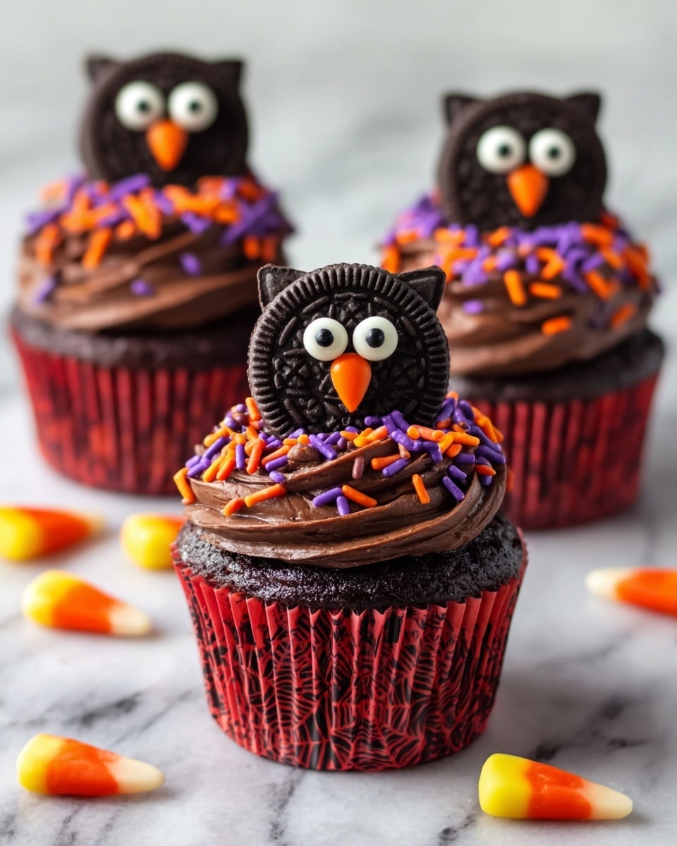 Three cupcakes are shown close up on a white marbled surface. Each cupcake is in a dark red wrapper with spiderweb patterns. The base layer is chocolate cake topped with thick swirls of dark chocolate frosting. Purple, orange, and black sprinkles cover the frosting. On top of each cupcake stands an owl made from a large peanut butter cup as the body, two Oreo cookies for eyes with white cream and dark candy pupils, and a small orange candy nose. The background is plain white. Some candy corns lie scattered around the cupcakes. Photo taken with an iphone --ar 4:5 --v 7