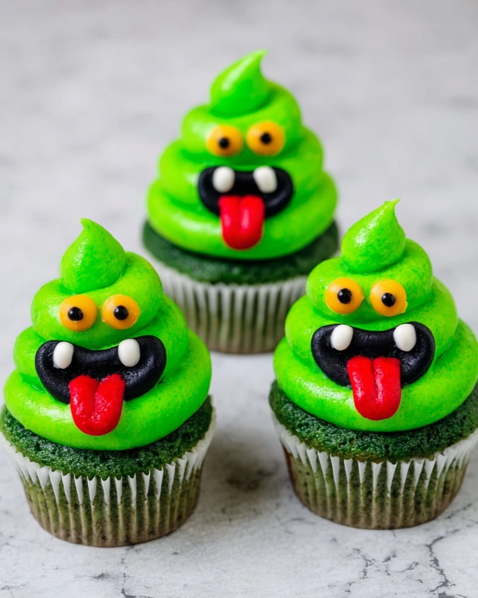 Three cupcakes placed side by side on a white marbled surface, each with a green cupcake base textured with fine ridges from the white cupcake liners. On top of each cupcake is a thick swirl of bright green frosting piped in three layers, with the top layer forming a small pointed peak. Each frosting swirl has two small round yellow eyes with black centers, a large black open mouth with white teeth showing inside, and a red tongue sticking out from the mouth. The overall look of each cupcake is playful and cartoon-like. Photo taken with an iphone --ar 4:5 --v 7