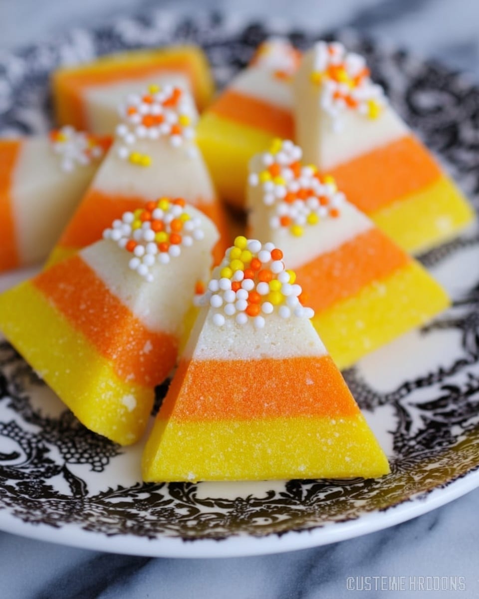The image shows several colorful candy pieces shaped like triangles with three layers: the bottom layer is bright yellow, the middle layer is orange, and the top layer is white. Each triangle has one tip dipped in small white candy beads, and two triangles have the white area topped with small orange, yellow, and white sprinkles. The candies are on a white plate with a black decorative pattern, placed on a white marbled surface. photo taken with an iphone --ar 4:5 --v 7