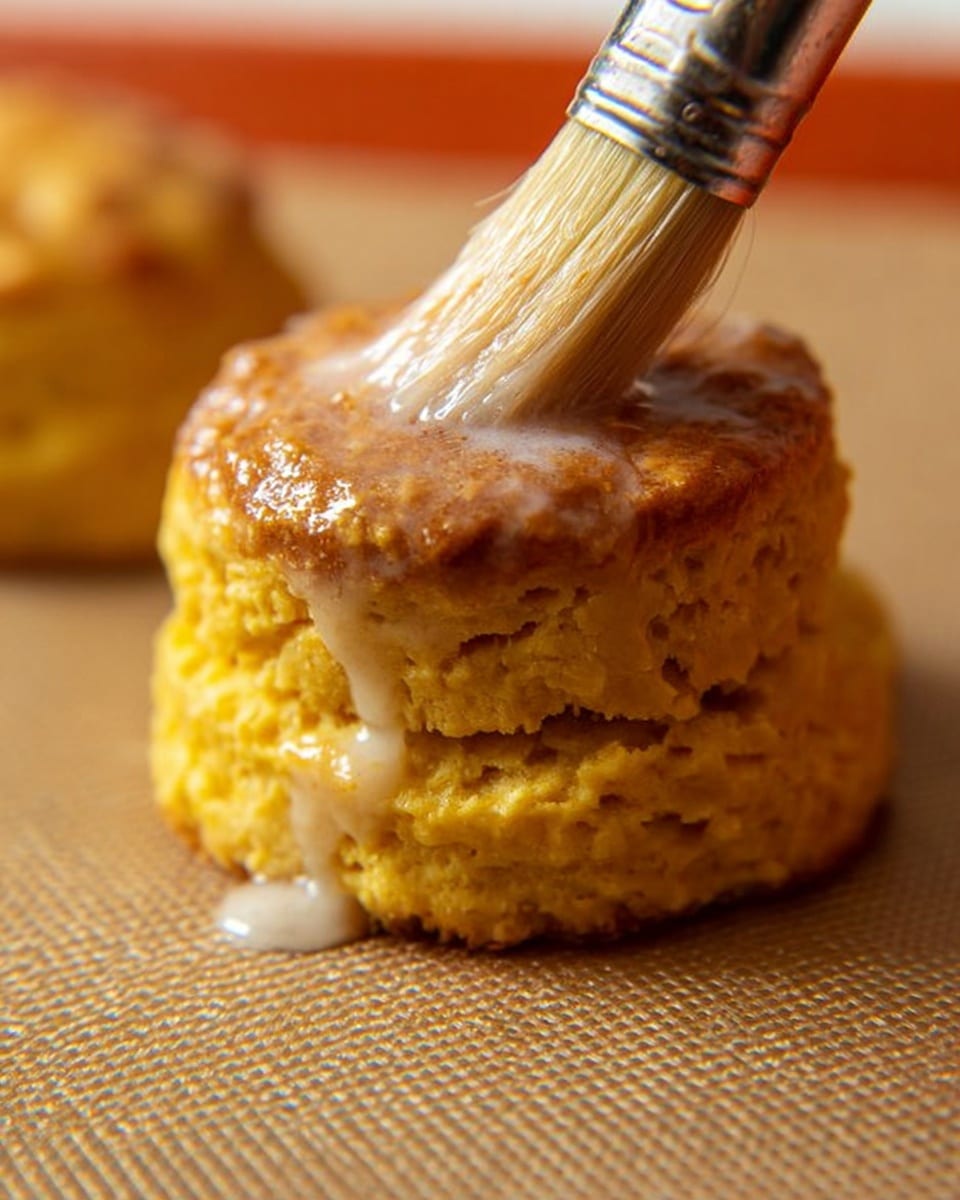 A close-up view of a single biscuit with two visible layers, showing a golden-brown top that looks slightly crispy and a soft, textured yellowish body beneath. A woman's hand holds a brush with light-colored bristles, applying a shiny glaze that drips slightly down the side of the biscuit, adding a glossy wet look. The biscuit is placed on a light brown non-stick baking surface with a subtle grid pattern. Photo taken with an iphone --ar 4:5 --v 7